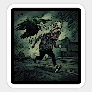 watercolor crow chasing old man screaming Sticker